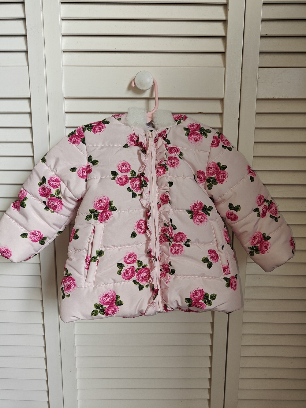 Little Me Pink Floral Puffer Jacket with Rose Print Size 12M